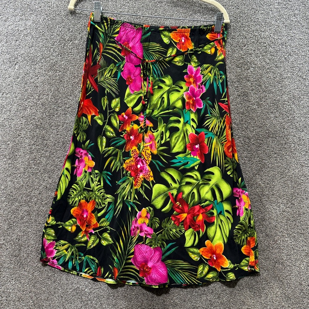 VTG Clio Midi Skirt Medium Tropical Floral Rayon Hawaiian Tiki Cruise Resort